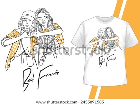 Girls illustration with best friends forever slogan. Vector graphic design t-shirt. Cute Smart girls vector. Cute Smiley girls enjoying moment vector line art design. Friendship day special.