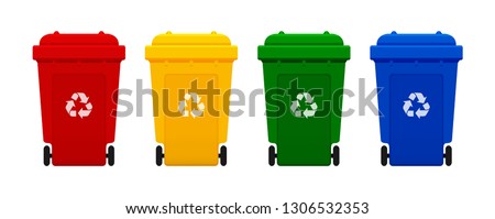 bin plastic, four colorful recycle bins isolated on white background, red, yellow, green and blue bins with recycle waste symbol, front view of four recycle bin plastic, 3r (vector)