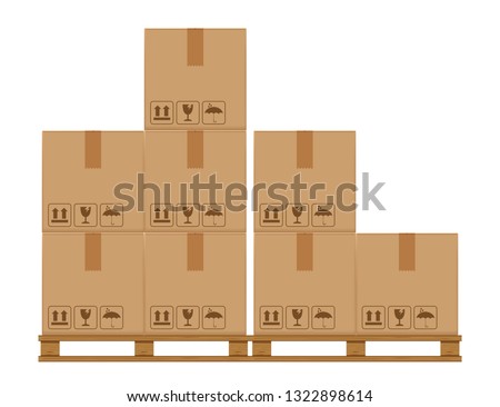 crate boxes eight on wooden pallet, wood pallet with cardboard box in factory warehouse storage, flat style warehouse cardboard parcel boxes stack, packaging cargo, 3d boxes brown isolated on white