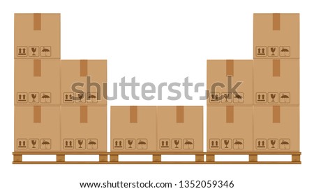 crate boxes on wooden pallet, wood pallet with cardboard box in factory warehouse storage, flat style warehouse cardboard parcel boxes stack, packaging cargo, 3d boxes brown isolated on white