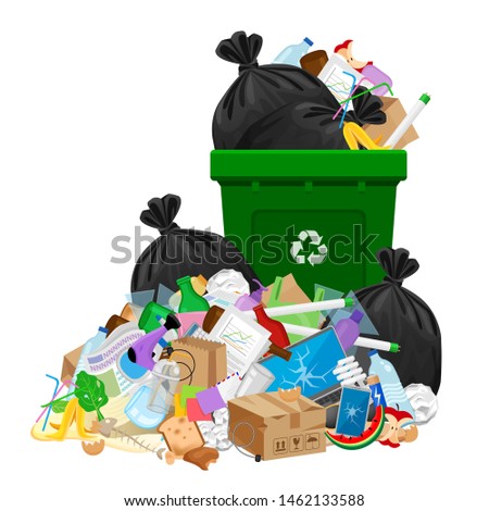 pile of garbage waste and bag plastic at green recycle bin isolated on white, plastic garbage waste many, plastic waste dump and bin green, illustration stack plastic waste and bin separation recycle