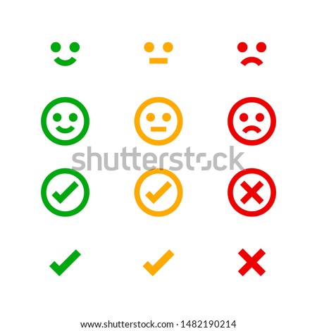 icon emotions face, emotional symbol and approval check sign button, emotions faces and checkmark x or confirm and deny, button checkbox flat for apps, faces icons and checkmark choice for checklist