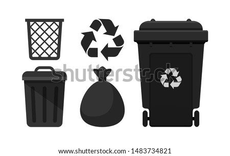 Black Bin set, Recycle Bin and Black Plastic Bags Waste isolated on white Background, Bins Black with Recycle Waste Symbol, Front view set of the Bins and Bag Plastic for Garbage waste, 3r Trash