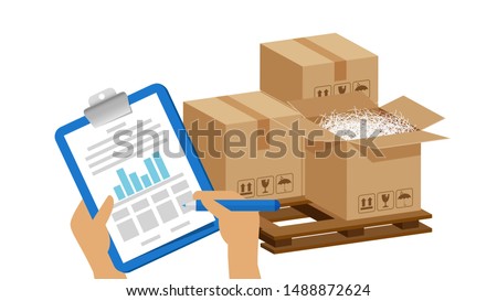 tasks clipboard in hands and crate boxes for quality check, clipboard with checkmark for stock quality report, quality control of cardboard parcel boxes in warehouse factory, packaging cargo isolated