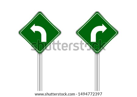 road sign of arrow pointing bend to left and right, traffic road sign green isolated on white, traffic sign turn left and right, warning caution sign and steel pole for direction signpost the way