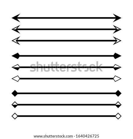 arrow in horizontal line set isolated on white, arrow line for indicate the dimension of drawing, horizontal arrow different, arrowhead black on a line horizontal for dimension scale, clip art arrow