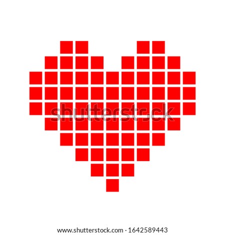 heart shape red pixel isolated on white background, square red pixel heart shape for clip art, cute pixel heart shape icon, simple heart red plain square tile pattern concept, love sign for valentine