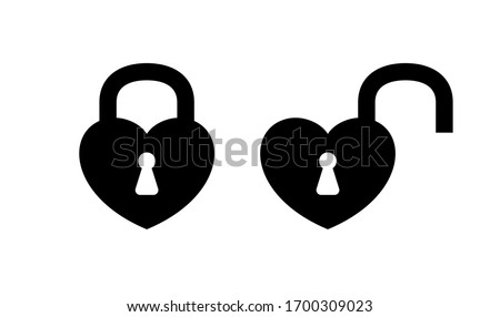 heart shaped padlock in locked and unlocked isolated on white, black padlock heart for love romantic feeling, heart shape padlock for icon cute, valentine's day icon with lock and unlock key heart