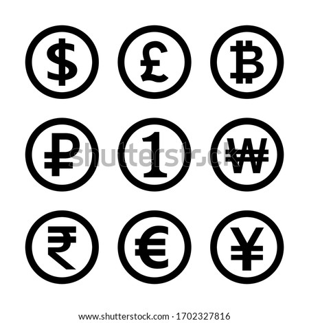 money symbol black set isolated on white, international currency icon graphic flat, golden money symbol for financial clip art, money currency sign others, dollar, euro, baht, yen, one, 1, won, rupee