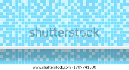 tile mosaic light blue pattern with shelf for background, modern square mosaic grid pattern for decoration architecture wall, mosaic tile wall and plank shelf, mosaic tiled grid of toilet wall, vector