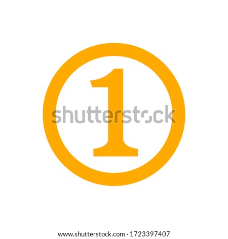 icon number 1 in circle orange isolated on white, flat currency coin one 1 money, first symbol with circle shape, 1st symbol for success or quality, medal one 1 for winner, simple number one button