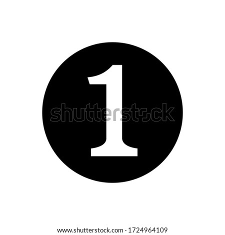 icon number 1 in circle black isolated on white, flat currency coin one 1 money, first symbol with circle shape, 1st symbol for success or quality, medal one 1 for winner, simple number one button