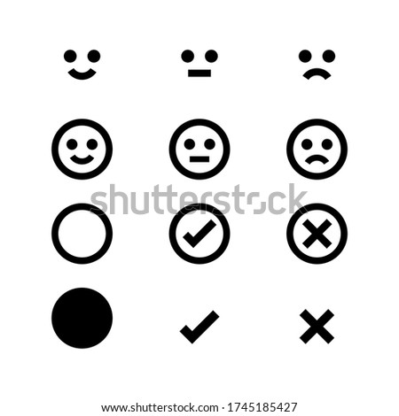 circle black icon emotions face, emotional symbol and approval check sign button, black emotions faces and check mark x or confirm and deny, button circle flat for apps, black icons checkmark, vector