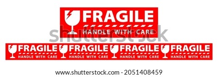 sticker fragile handle with care, red fragile warning label, fragile label with broken glass symbol, vector