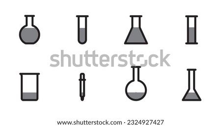 Test tube flat vector icon set. Chemistry lab flask, science, laboratory symbol. Graduated sylinder, Dropper, Florance , Test tube, CoLaboratory icon set.. Vector illustration, flat design.