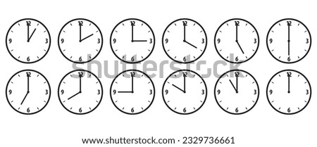 Set icons of Watch, Time and clock, White simple clock icon flat designs style. Complete twelve hours pointed clockwise o'clock sharp vector illustration. Analog wall clocks icons set. 