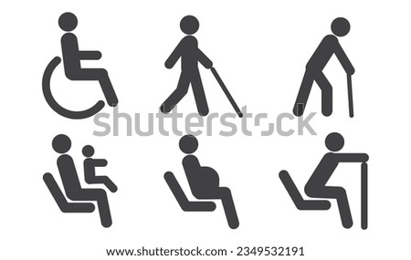 Simple Flat icons set of disability related vector. Includes such Icons as a disabled, blind, Physical constraints, passengers with infants, pregnant women and elderly, Priority Symbols for Disabled.