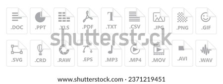 Simple File type icon set. Popular files format and document in flat style design. Format and extension of documents. Graphic templates audio, video, image, system, archive, code and document file.