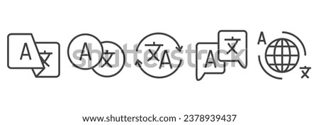 Simple set of icon for translator app. Chat bubbles with language translation icons in line styles. Online multi language translator. Translation app icon. Language translation line icon. 