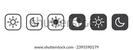 Dark mode icon set, Day and night, dark and light modes. Screen modes icons set. Screen brightness and contrast level control icons. Day night switch. Vector Illustration