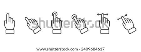 Icon set of finger touch gesture related Vector illustration, Simple set of gesture line icons. Simple touch screen gesture pack. Stroke vector illustration on a transparent background. Modern outline