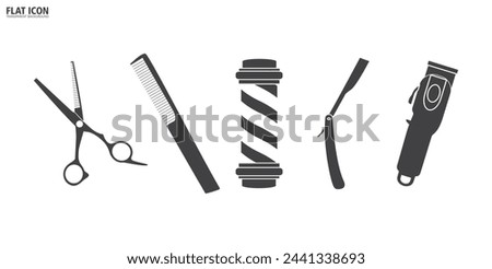 Flat icon of Barbershop tools and equipment, beard or mustache shave and haircut. Barbershop equipment, tools, Barbershop icon vector symbol illustration in transparent background.
