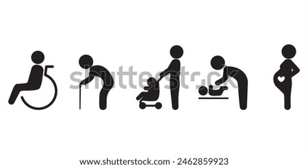 Simple set of Priority Seat icons, Human vector signs. Priority Symbols for Disabled Passenger: Elderly passenger, Pregnant, Old man, Woman with infant child and baby wheelchair, Vector transparent.