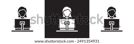 Female CS with Computer Icon, Flat icon of Customer Service, Support admin icon, Support service and telemarketing, Job icon vector illustration on black, white and transparent.