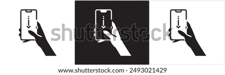 Scroll down screen icon, flat icon of finger touching phone screen and phone scrolling, finger gesture icon scrolling smart phone screen, tapping screen icon vector in black, white and transparent.