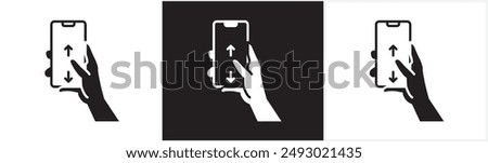 Screen scroll up and down icon, flat icon of finger touching phone screen and phone scrolling, finger gesture scrolling smart phone screen, tapping screen icon vector in black, white and transparent.