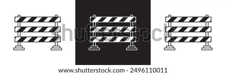 Road barrier icon and road repair safety sign, road closure and pedestrian barrier, visibility barrier flat. Stop blocking traffic.  traffic barrier isolated on black white and transparent background 