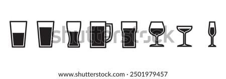 Collection of icons of glasses for various drinks in flat form. Several glass icons of beer, wine, alcohol, brandy, martini, champagne, Vector illustration isolated on transparent background. Eps10