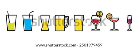 Set of icons of colored glasses for various drinks in flat style. Several glass icons and decorations for glasses of beer, wine, alcohol, martini, champagne, Vector illustration isolated on transparen