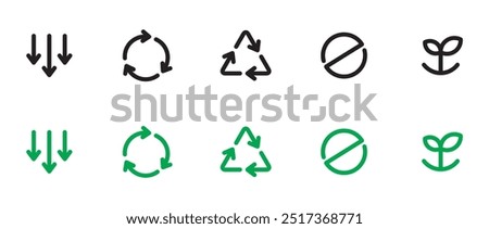 Reduce, reuse, recycle ,refuse and rot icon set. Arrows symbol , triangle recycling arrows icon. arrow sync rotation outline icons. vector editable stroke,  Recycled eco icon. Vector illustration.