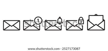 Simple flat icon set of Mail notifications. Message letter icon vector set. Email envelope icon. New message inbox notification, received and locked messages, envelope icon in transparent background.