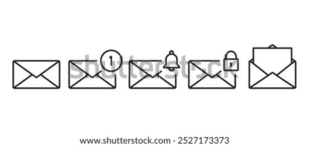 Icon set of Mail notifications. Email envelope line icon. Message letter icon vector set. New message inbox notification, received and locked messages, Envelope icon in transparent background. Eps10