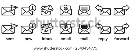 Email envelope icon vector illustration, sent mail, new mail, inbox, email, reply and forward mail. Email icon set in transparent background. Social media icon. Linear and flat mail icon set.