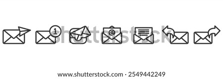 Email envelope icon vector illustration, sent mail, new mail, inbox, email, reply and forward mail. Social media icon. Linear mail icon set. Email icon set in transparent background. Editable stroke.