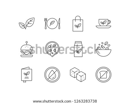 Vegetarian, vegan products line icons set  with herbs, restaurant, organic food, green tea, burger, pizza, soy milk, salad, menu, fat free, tofu, low carb.