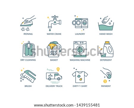 Laundry services related vector line icons with ironing, washing machine, dry cleaning, dirty clothing, detergent, brush, delivery truck, payment. 