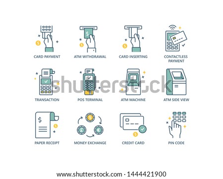 Finance related  line icons with card inserting, money withdrawal, contactless payment, successful transaction, ATM machine, receipt, money exchange, PIN code. 
