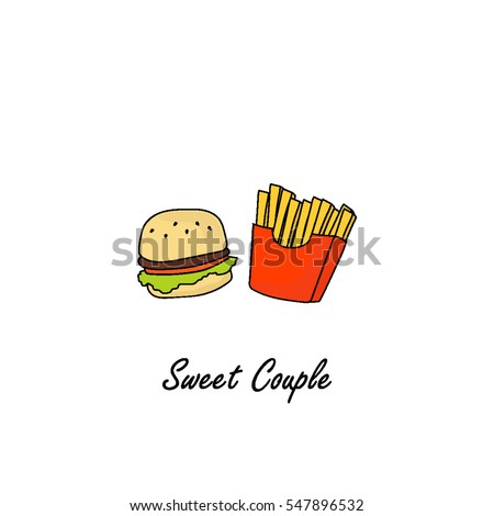 Hamburger and french fries hand drawn sketch illustration