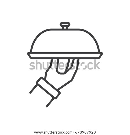 Closed catering tray line icon. Waiters hand holding covered plate.