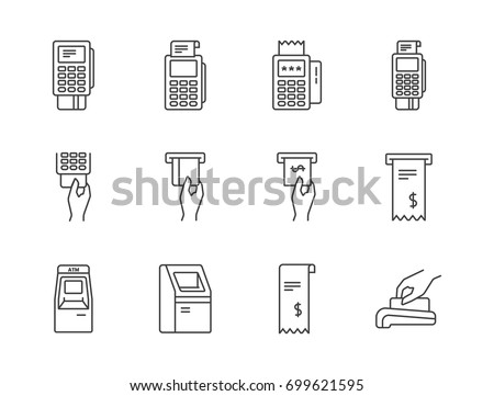 Banking, payment methods and finance related line icons set with pos terminal, ATM machine, credit card, receipt.