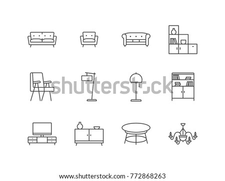 Living room furniture, interior line icons set with sofa, armchair, bookcase, lamp, tv stand, table, chandelier.