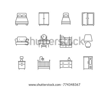 Bedroom furniture line icons set with double bed, wardrobe, sofa, dressing table, lamp, nightstand, baby crib.