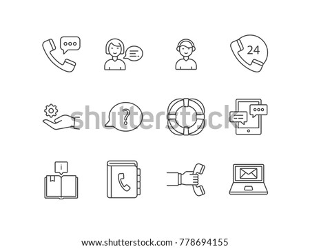 Costumer support service line icons set with call center, assistant, operator, technical support, question, life buoy ring, chat, directory book, callback.