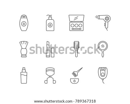 Beauty, hygiene, skin and hair care equipment, tools with shampoo, lotion, eyeshadow kit, hair dryer, shaving brush, lipstick, brush, lush curler, epilator.