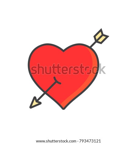 Arrow through heart flat line colored icon.