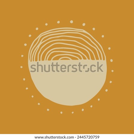 Vector of round shape with minimalist art of white spots around half filled sphere and white wavy lines on top against orange background file eps 10